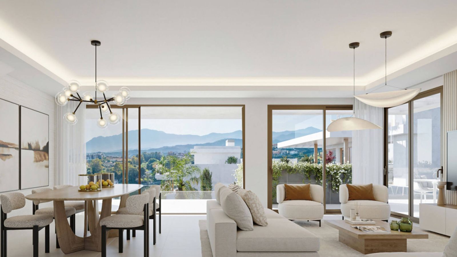 Sala de estar y comedor moderna con vistas panorámicas a la montaña en Taray Residences.